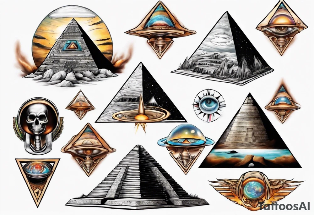 Pyramids and UFOs surrounded by spiritual energy tattoo idea