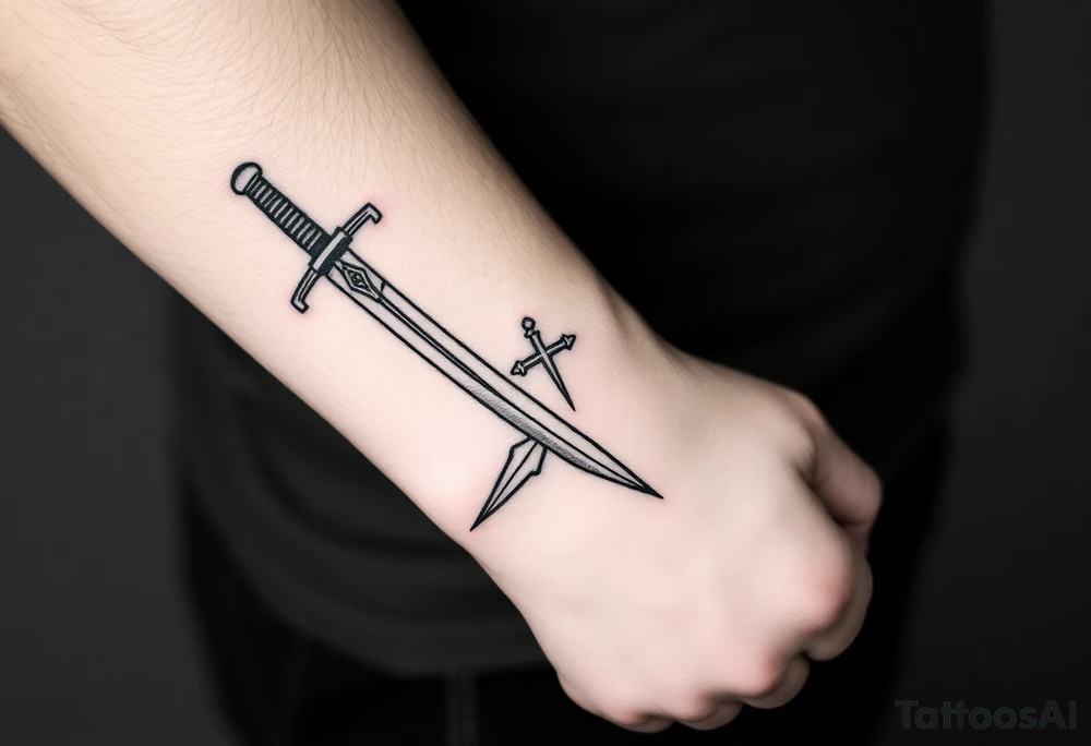 Two swords laying flat on each other with a decent design on them and with a cross or something on the handle of them I want the swords to be straight tattoo idea
