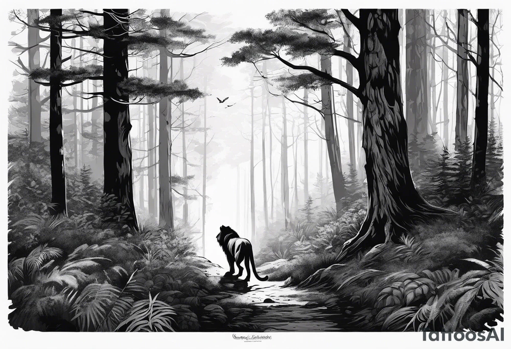 realistic black and gray dark
forest with a small lion walking into the forest tattoo idea
