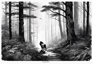 realistic black and gray  dark 
forest with a small lion walking into the forest tattoo idea