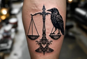 A black and white raven perched on opposite sides of an ornate scale, representing the choice between good and bad karma. tattoo idea