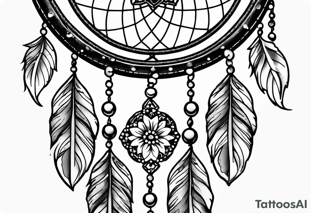 Dream catcher with queen anns lace flowers hanging from the bottom tattoo idea