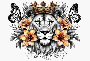 African lion lilies butterflies crown tattoo idea