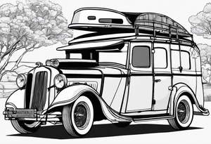 Car with a rooftent and add a citation in aboriginal Australian words in reference of the time. Tattoo seulement en ligne sans ombrage ni comblage. tattoo idea