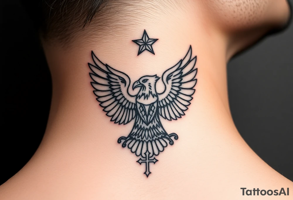 Double-headed eagle outline only (no shading) — suits neck skin which ages differently
Star above, small orthodox cross below tattoo idea