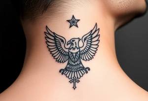 Double-headed eagle outline only (no shading) — suits neck skin which ages differently
Star above, small orthodox cross below tattoo idea