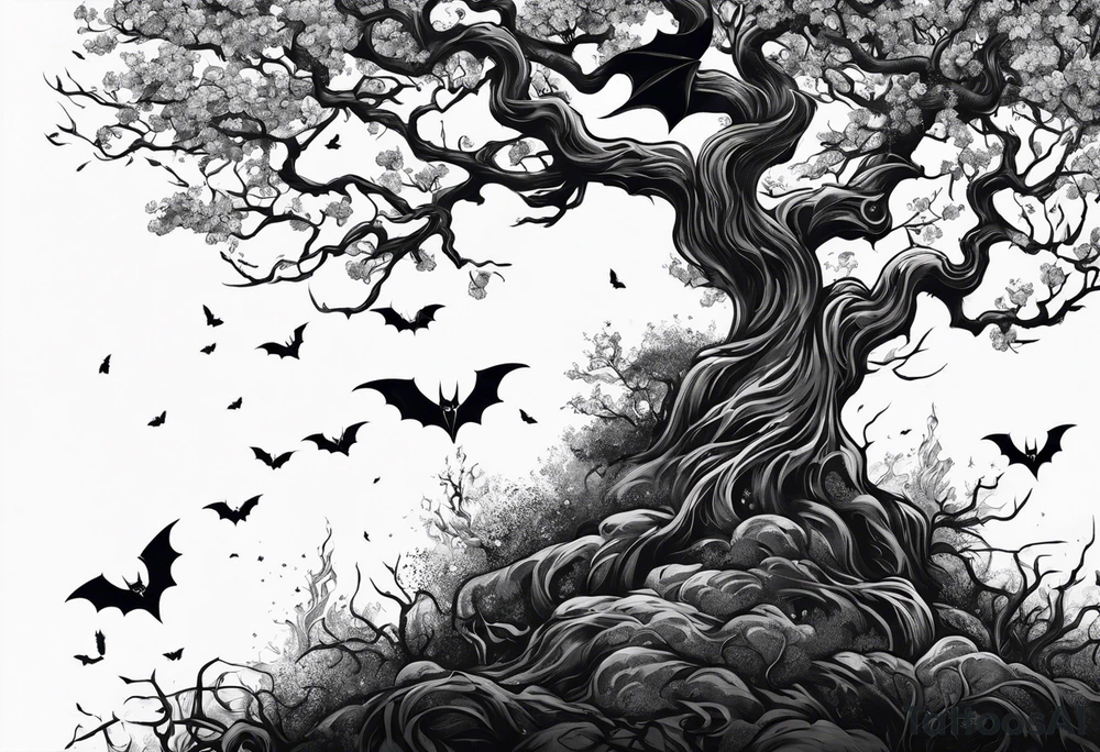 poison tree with wind and bats tattoo idea