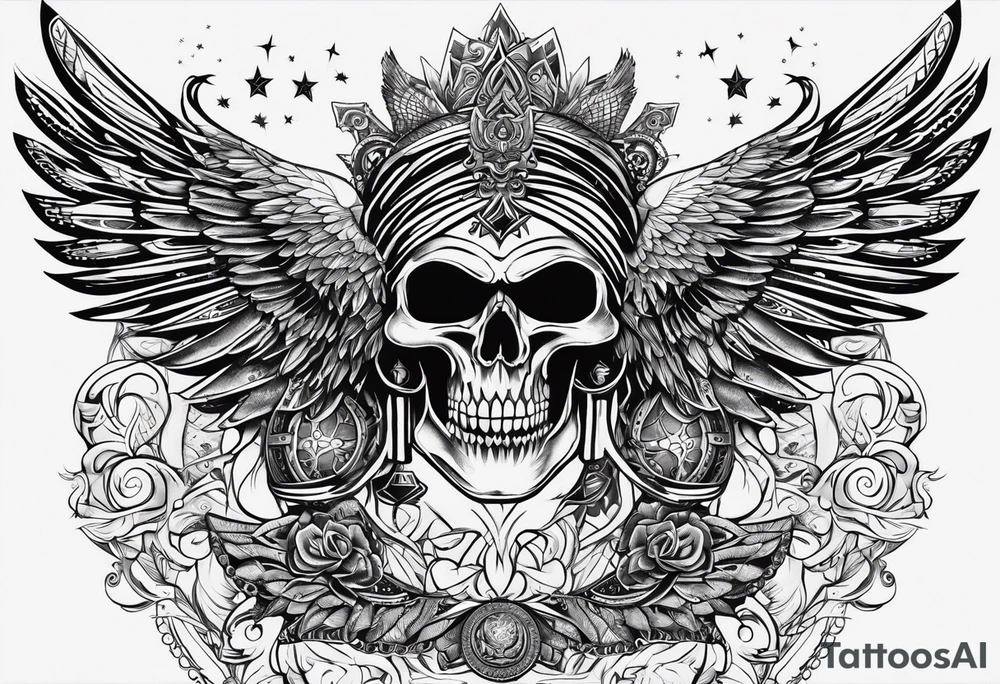 black kali, goddess pirate, alien, pachamama, valkrye, warrior, skull, lotus azul, wing, eagle, zenza resonance, stars, 5D tattoo idea