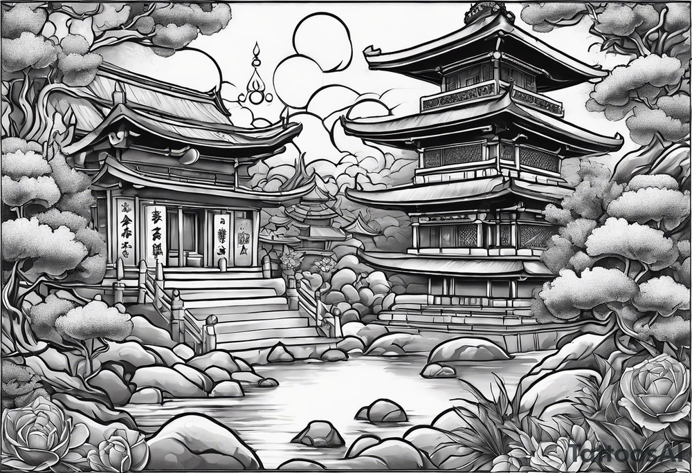 The background of the tattoo as a world map with a small buddhist shrine at the bottom for the back of a forearm tattoo idea