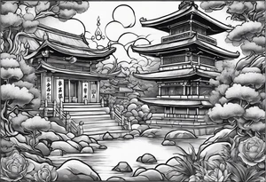 The background of the tattoo as a world map with a small buddhist shrine at the bottom for the back of a forearm tattoo idea