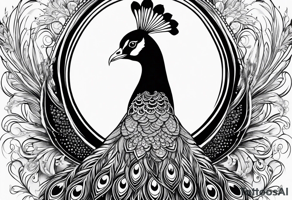 black and white peacock with infinity in feather and moon above tattoo idea