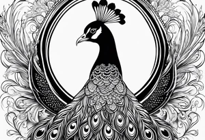 black and white peacock with infinity in feather and moon above tattoo idea
