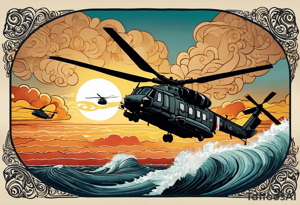 A cinematic-style tattoo depicting a Canadian military CH-148 Cyclone helicopter performing a daring maneuver over a turbulent ocean. The sky should be filled with dramatic clouds, and the sun should be setting, casting long shadows. The helicopter should be the main focus, with intricate details and a sense of motion. In the background, a poppy should be prominently displayed, and a quote from 'Lest We Forget' should be included, black and white tattoo tattoo idea
