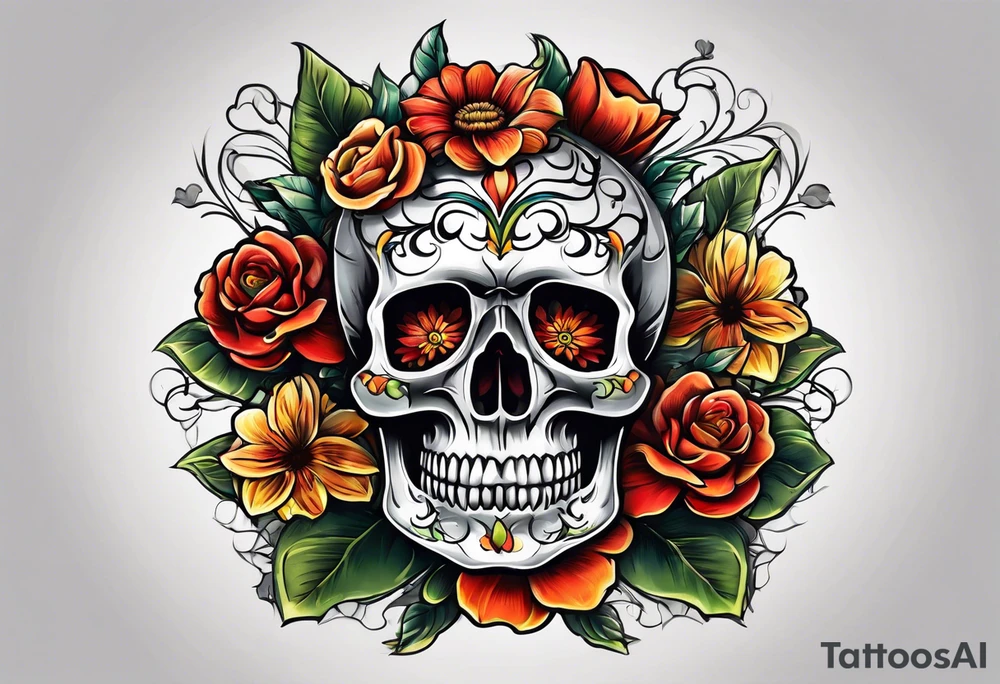 skull flower pot tattoo idea