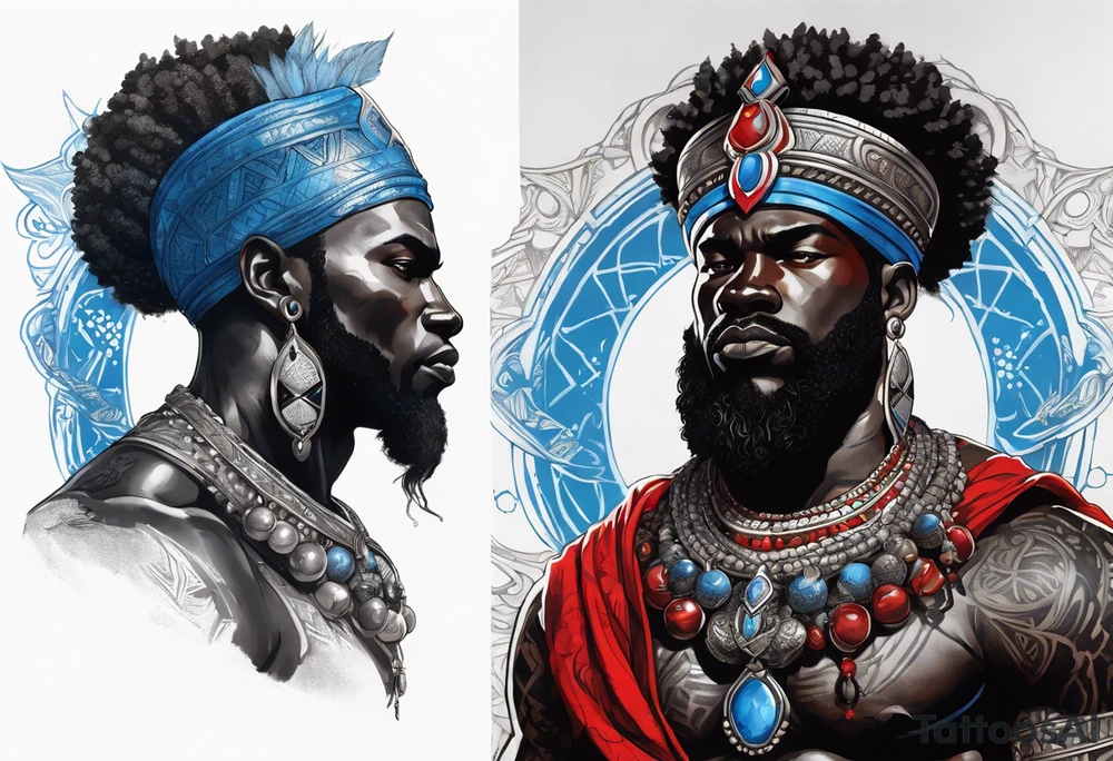 Black-skinned african god of war with a small silver crown, no armor, and two ball necklaces: one blue, other red tattoo idea