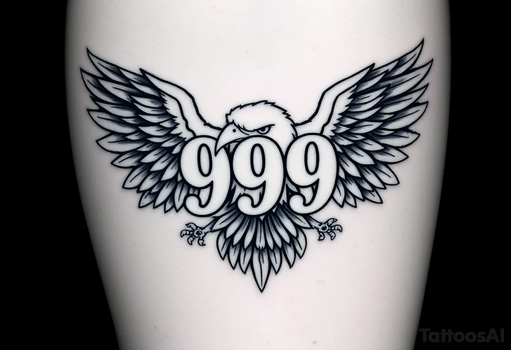 The number 999 in the middle with a majestic eagle around it on the lower thigh tattoo idea