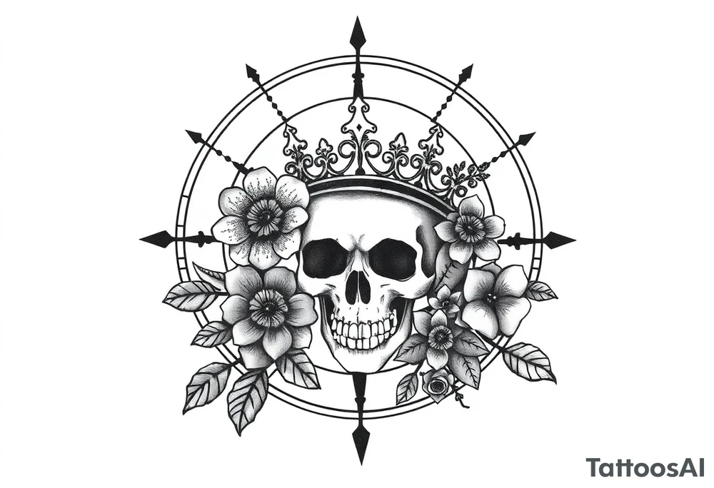 Compass with detailed beautiful gothic boho flowers on vine and skull with gorgeous crown tattoo idea