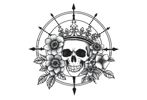 Compass with detailed beautiful gothic boho flowers on vine and skull with gorgeous crown tattoo idea