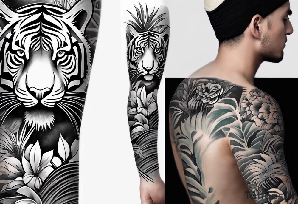 Full arm tattoo sleeve design.  Small abstract tiger coming down front of shoulder, monstera foliage on forearm, beach landscape on bicep tattoo idea