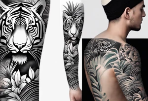 Full arm tattoo sleeve design.  Small abstract tiger coming down front of shoulder, monstera foliage on forearm, beach landscape on bicep tattoo idea