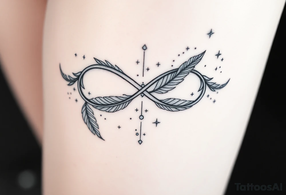 infinity symbol woven with floating feathers and stardust tattoo idea