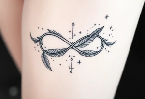 infinity symbol woven with floating feathers and stardust tattoo idea