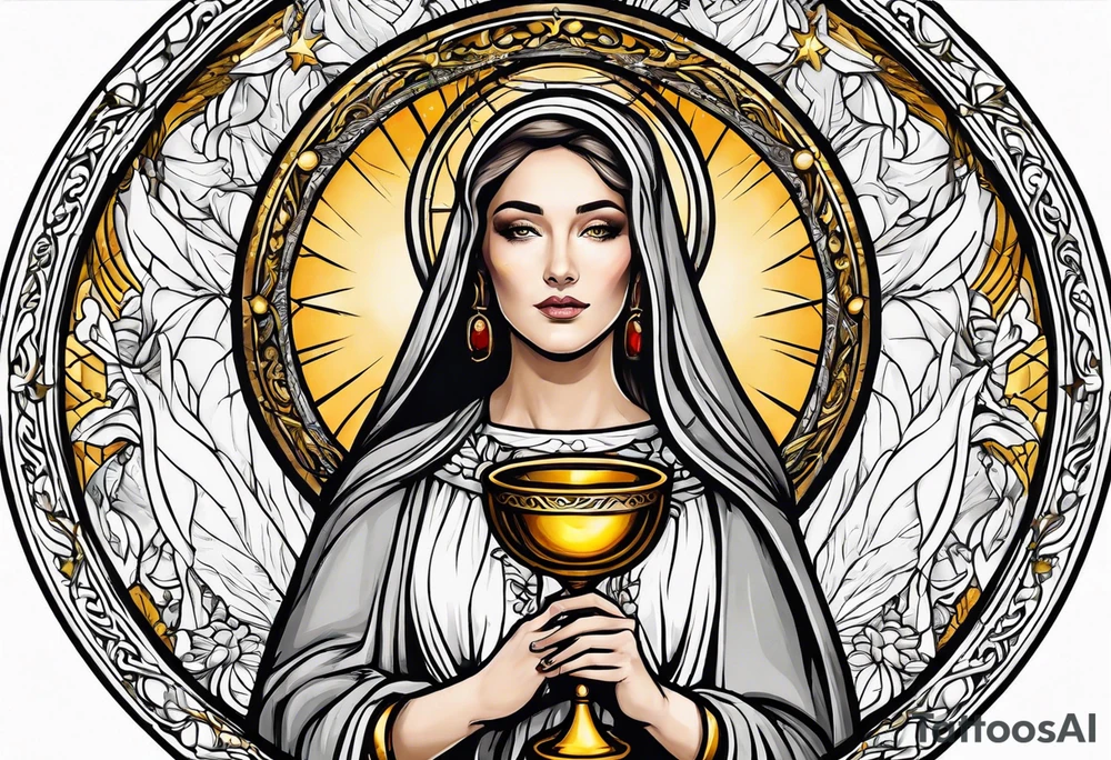 woman saint holding chalice surrounded by golden halo sideways tattoo idea