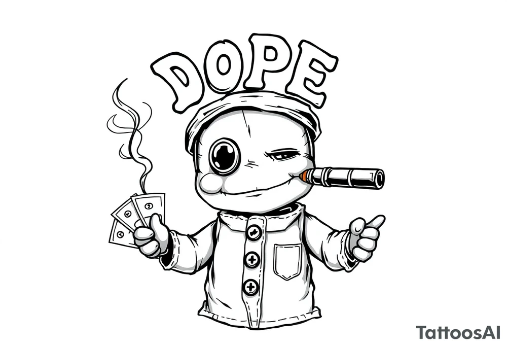 Stitched up rag doll with a button as one eye and some thread as the other. Holding some money in one hand and a cigar in the other hand. Smoke pouring off the cigar with the cloud of smoke above spelling out the word DOPE tattoo idea