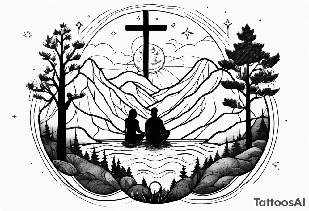 a family of three sitting in a nature with mountains, waterfall, water, and a cross in the background and a sun and moon in the sky with stars tattoo idea