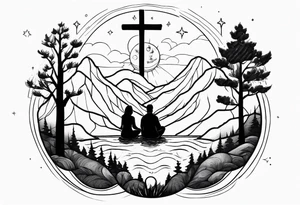 a family of three sitting in a nature with mountains, waterfall, water, and a cross in the background and a sun and moon in the sky with stars tattoo idea