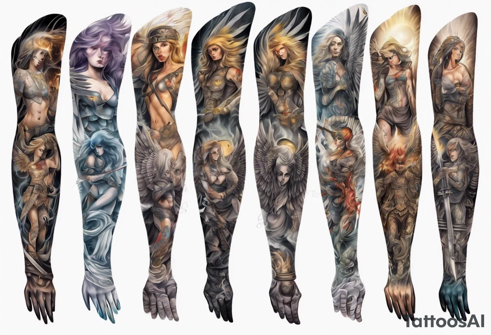 Full arm sleeves with warrior angels on it tattoo idea