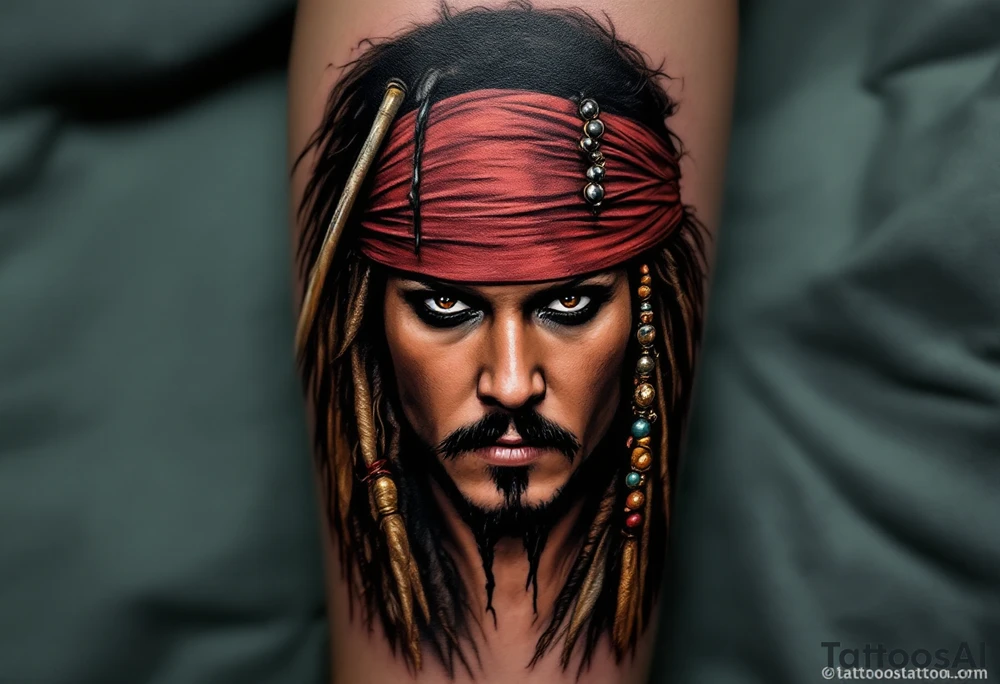 A dramatic portrait of Jack Sparrow with his signature wild hair and beaded braids. His face is full of personality, with his dark brown eyes and iconic mustache, all framed by a shadowy ocean background. Deep brown for hair, black and gray for the details, tan for the skin, with subtle hints of sea green and golden highlights. tattoo idea