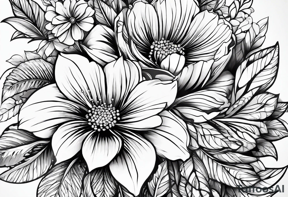 Florais com folhas em traços finos que se encaixe no braço ou perna tattoo idea