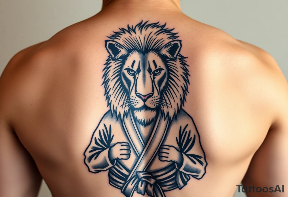 Lion wearing a Brazilian jiu jitsu gi as a person would along side his two sons. The surrounding area is the sarenghetti tattoo idea
