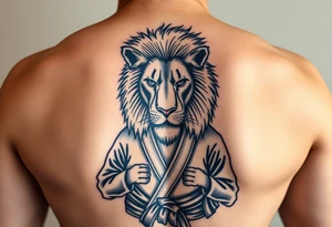 Lion wearing a Brazilian jiu jitsu gi as a person would along side his two sons. The surrounding area is the sarenghetti tattoo idea