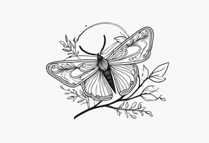 Winding branches and leaves and tiny flowers with a small moth tattoo idea