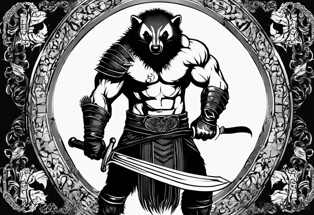 Draw me psychopath Honey Badger/Berserker with aggressive full body, killer face with a scary smile, very long nails and he attacks like a Bloody Assassin/Warrior/Gladiator to us and also, he has very deadly looking. He fights with his nails. Everybody scares after their first sight. Give me horror type Badger Tattoo. I want to see his Realistic full body. tattoo idea