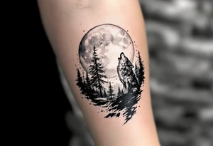 lone wolf howling at full moon with northern lights backdrop tattoo idea