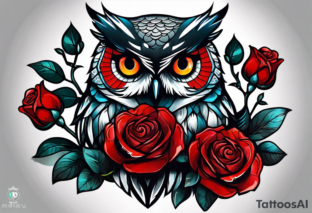 Color owl. 
Three red roses 
On the forearm tattoo idea