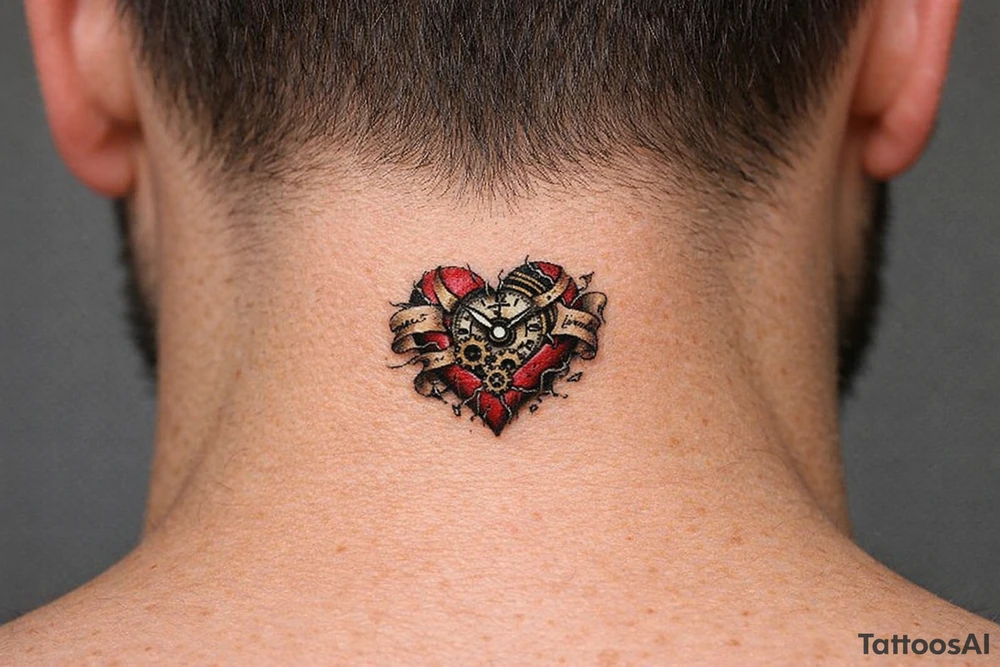 Surreal heart with clockwork gears breaking apart, script entwined. tattoo idea