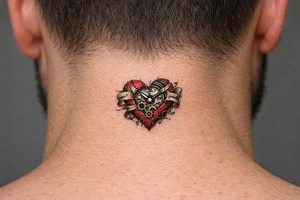 Surreal heart with clockwork gears breaking apart, script entwined. tattoo idea