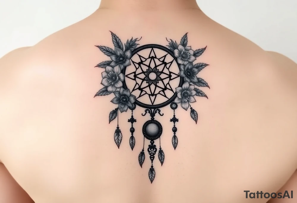 Boho dream catcher with gothic compass and hourglass. Beautiful flowers and an ornamental chandelier like look tattoo idea