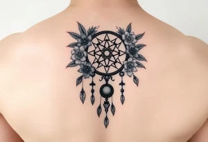 Boho dream catcher with gothic compass and hourglass. Beautiful flowers and an ornamental chandelier like look tattoo idea