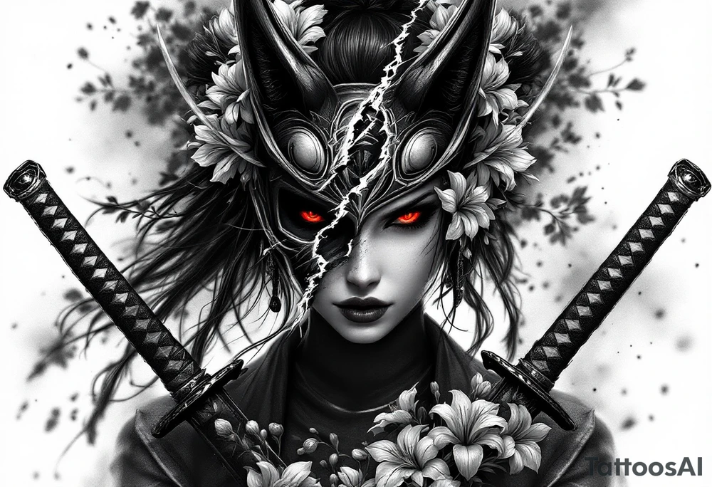 Woman samurai with red eyes wearing an half and broken kitsune mask, holding katanas and Iris flowers ornement tattoo idea
