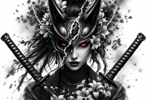 Woman samurai with red eyes wearing an half and broken kitsune mask, holding katanas and Iris flowers ornement tattoo idea