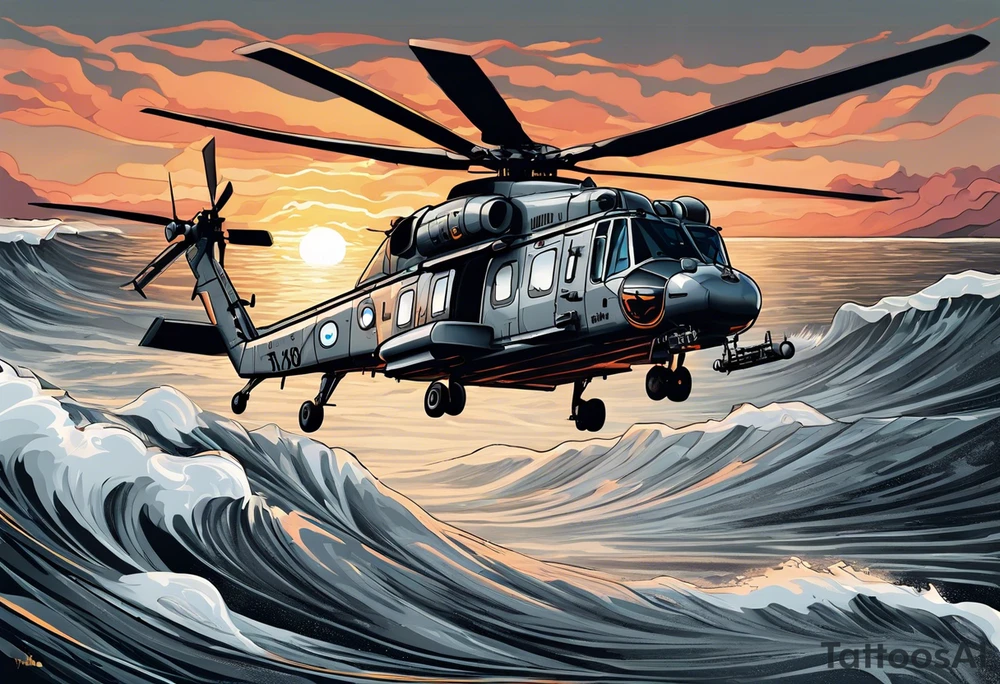 canadian military grey helicopter cyclone CH-148, a helicopter flying over rough water, Clear sky, sunset
, military art, ocean specular, highly detailed background, detailed 4 k drawing tattoo idea