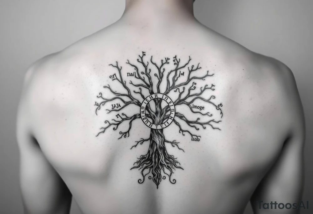 yggadrisl tree of life with circle of runes names Jai, Phoebe, Imogen, Matilda on four branches tattoo idea