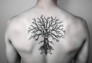 yggadrisl tree of life with circle of runes names Jai, Phoebe, Imogen, Matilda on four branches tattoo idea