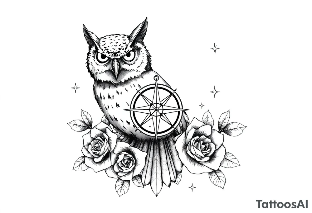 an owl,compass,roses,stars. tattoo idea