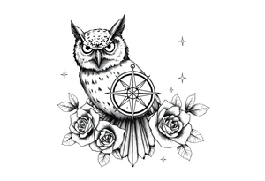 an owl,compass,roses,stars. tattoo idea